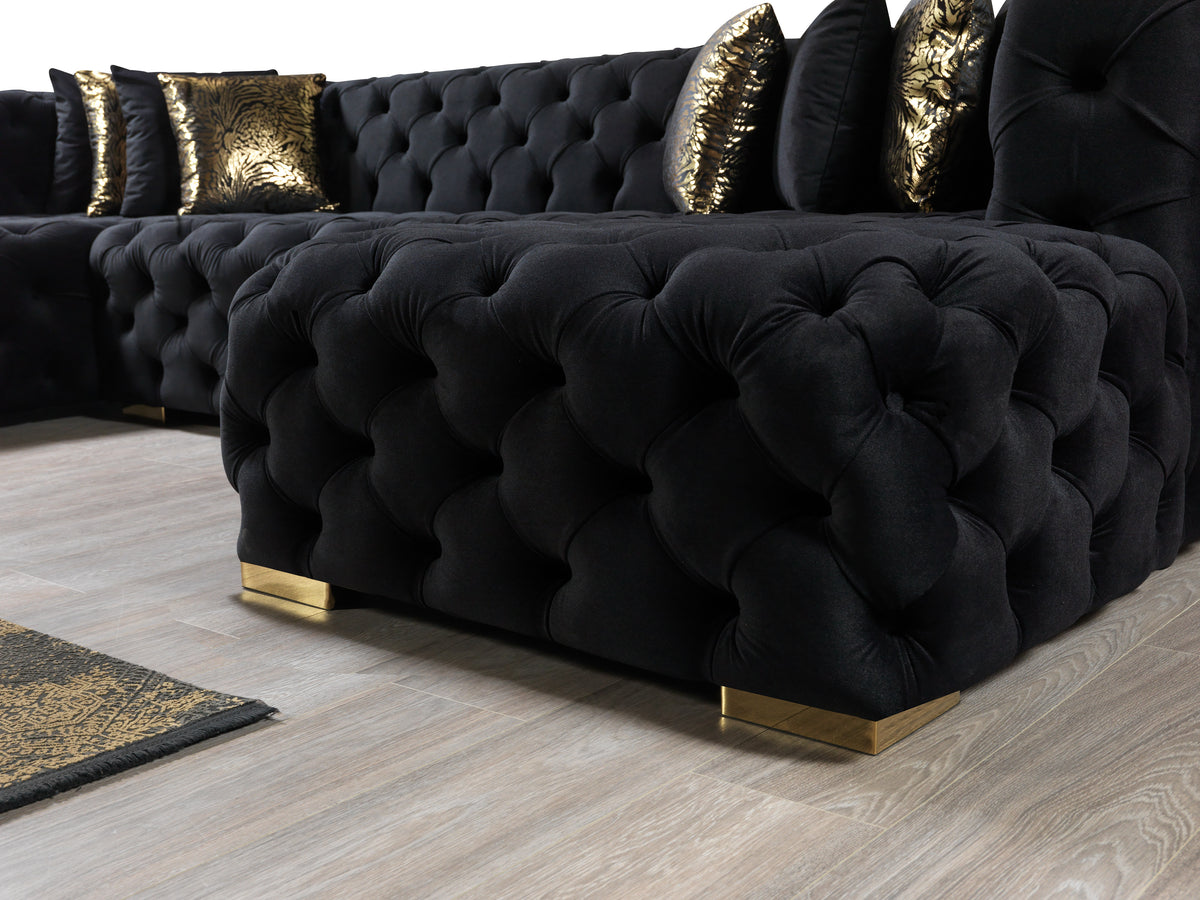 angled front view of Seva Black Velvet Double Chaise Sectional sofa