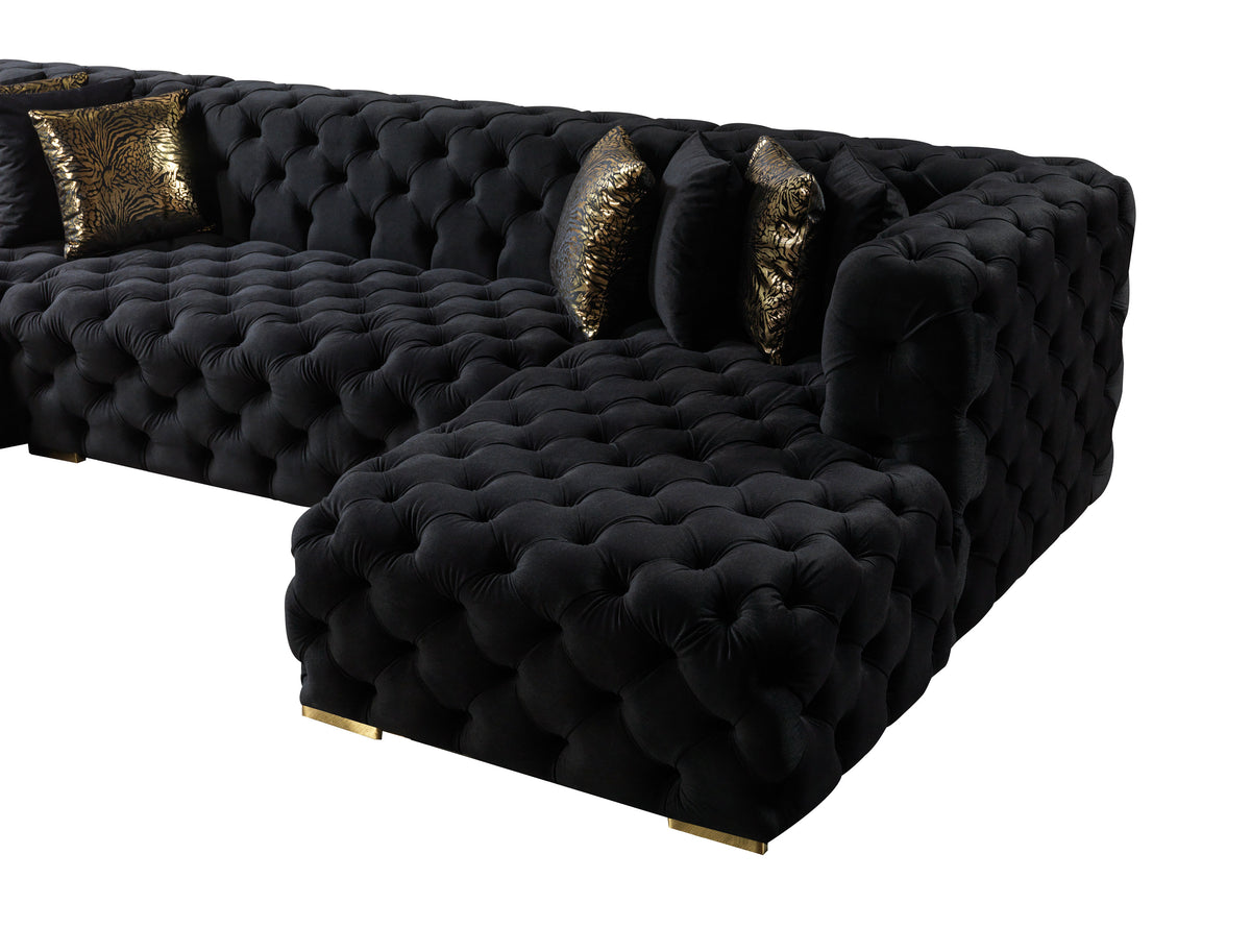 wide room view featuring Seva Black Velvet Double Chaise Sectional sofa