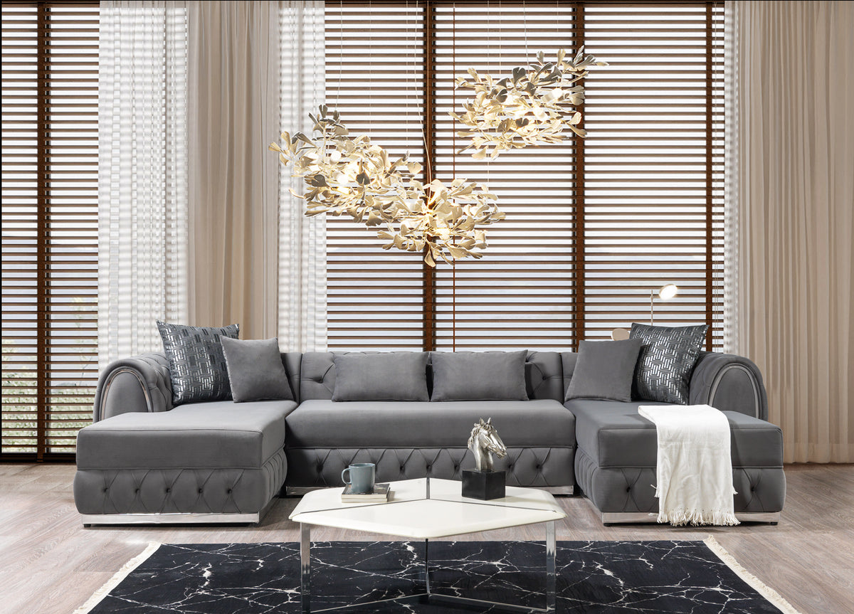 Side view of Oprah Gray Velvet Double Chaise Sectional sofa