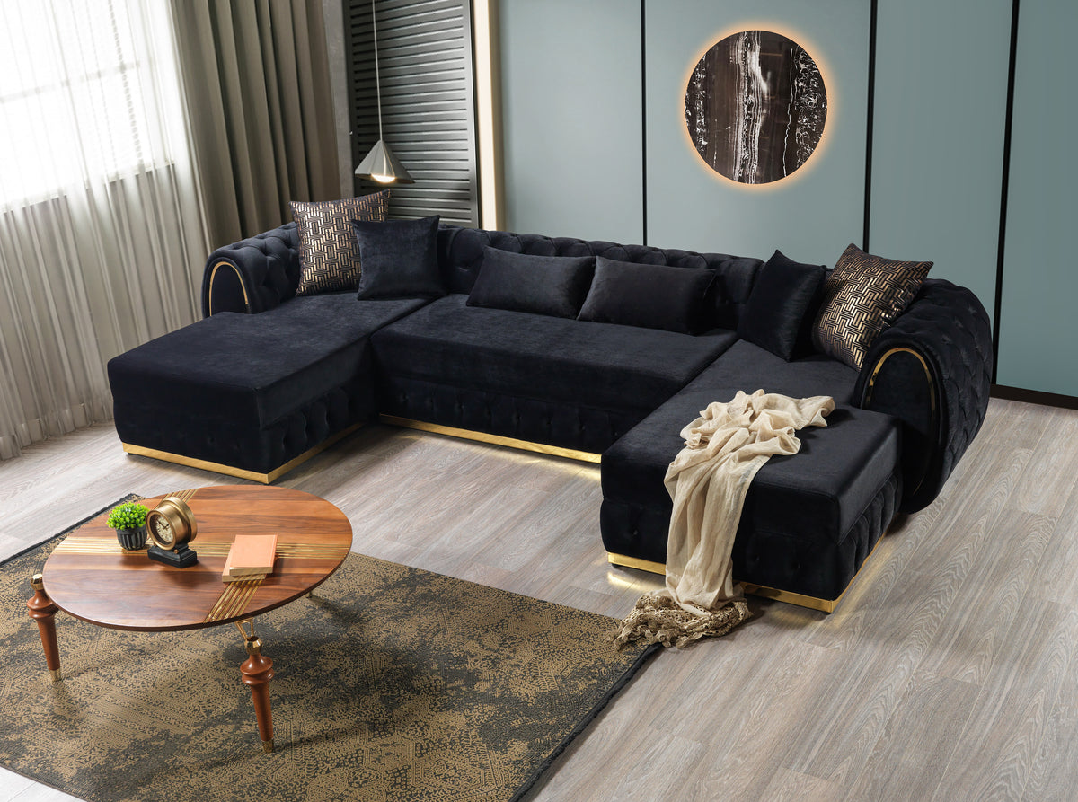 Close-up detail of black velvet upholstery on sectional