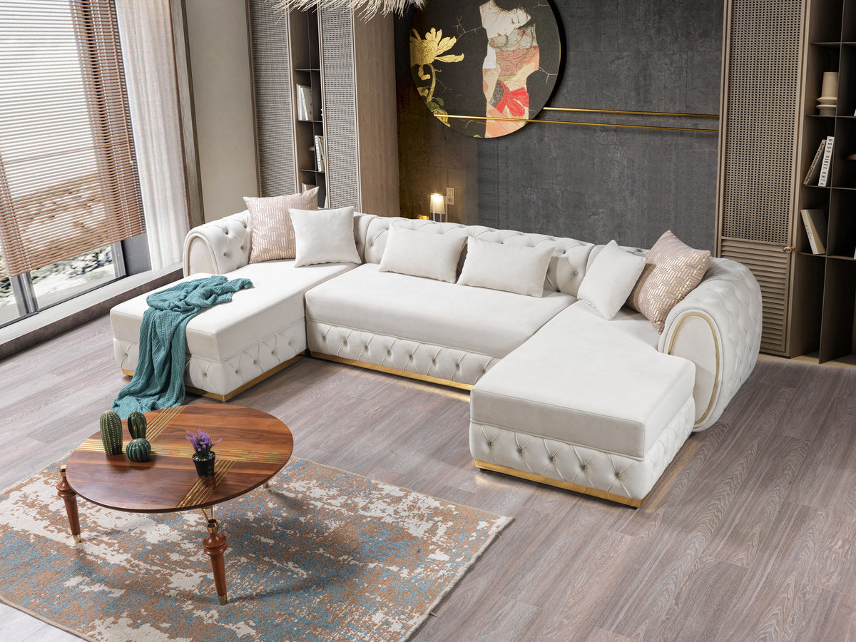 detail of ivory velvet upholstery on sectional sofa