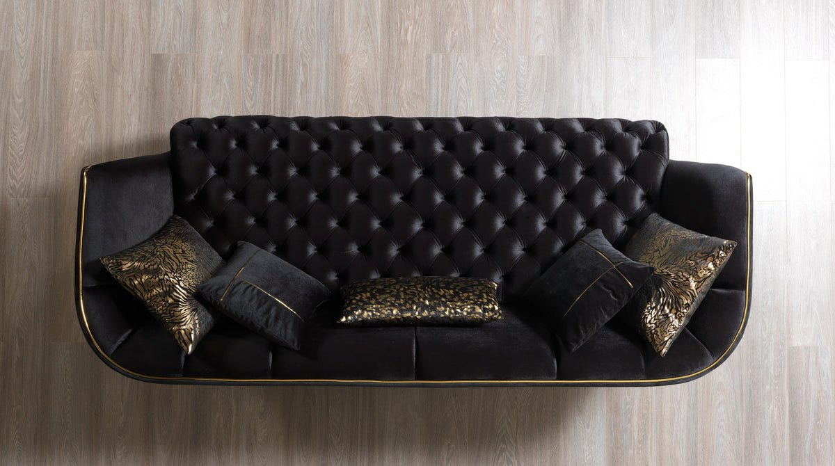 Jenny black velvet sofa and loveseat set front view