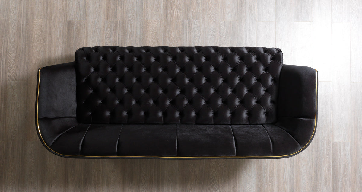 Jenny black velvet sofa and loveseat set front view
