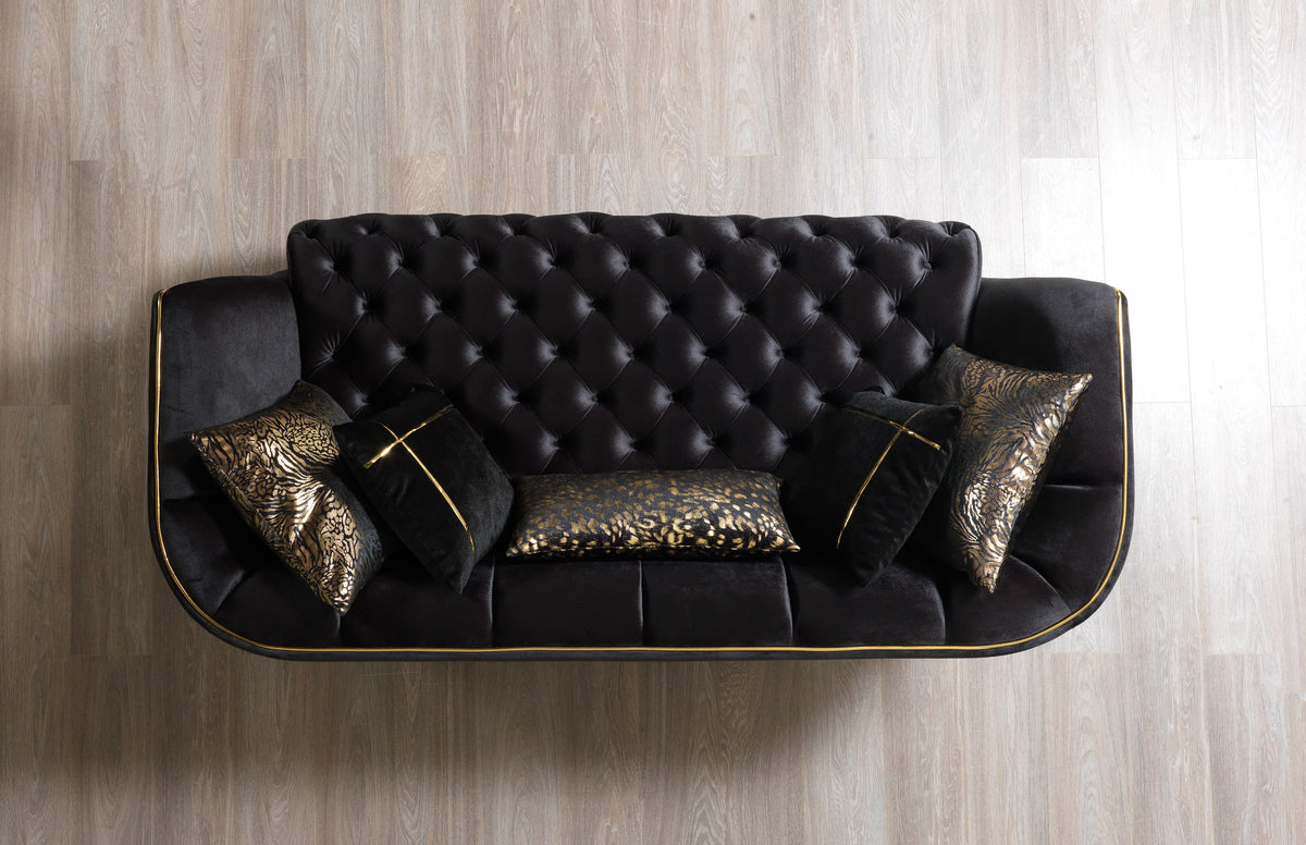 Jenny black velvet sofa and loveseat set front view