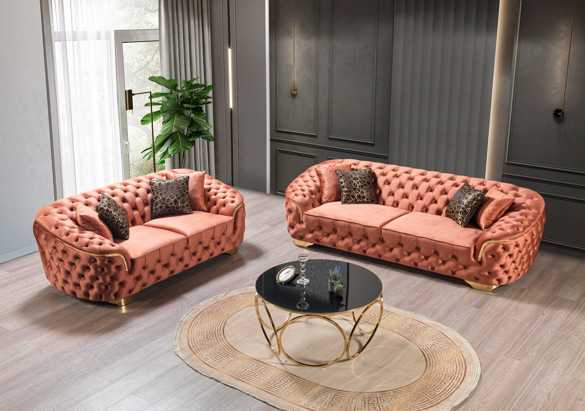 Close-up detail of orange velvet upholstery