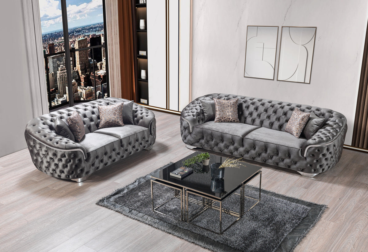 close-up detail of gray velvet upholstery on Scarlett Sofa and Loveseat