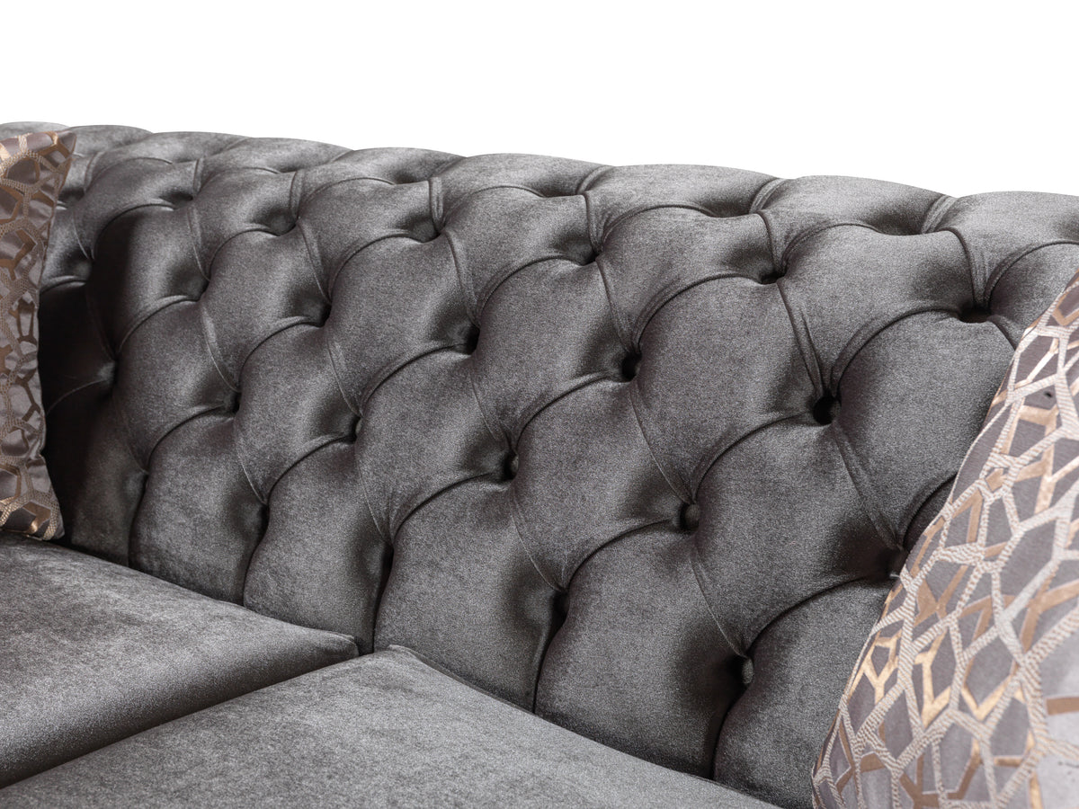 full view of loveseat with gray velvet upholstery