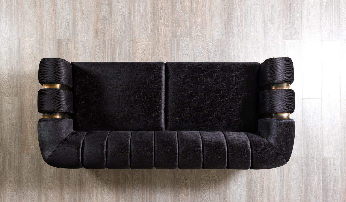 Side view highlighting wood frame on loveseat