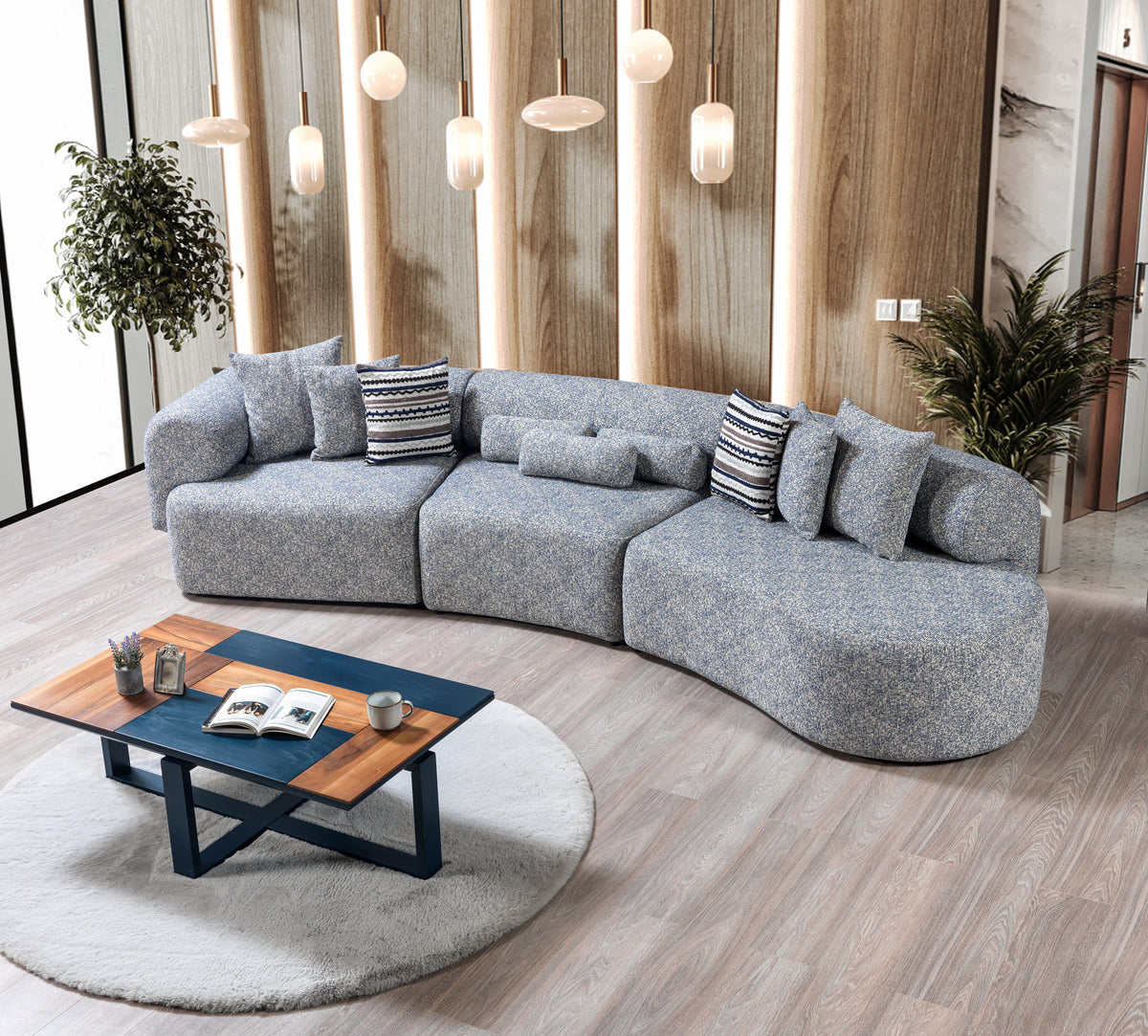 room view of Esmeralda Blue Boucle 3-Piece Curved Sectional sofa