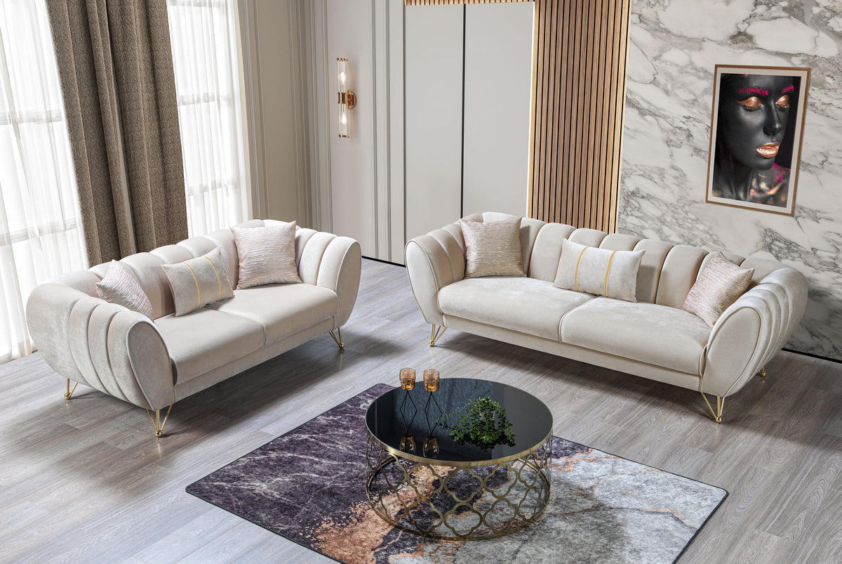 Close-up detail of ivory velvet upholstery on sofa