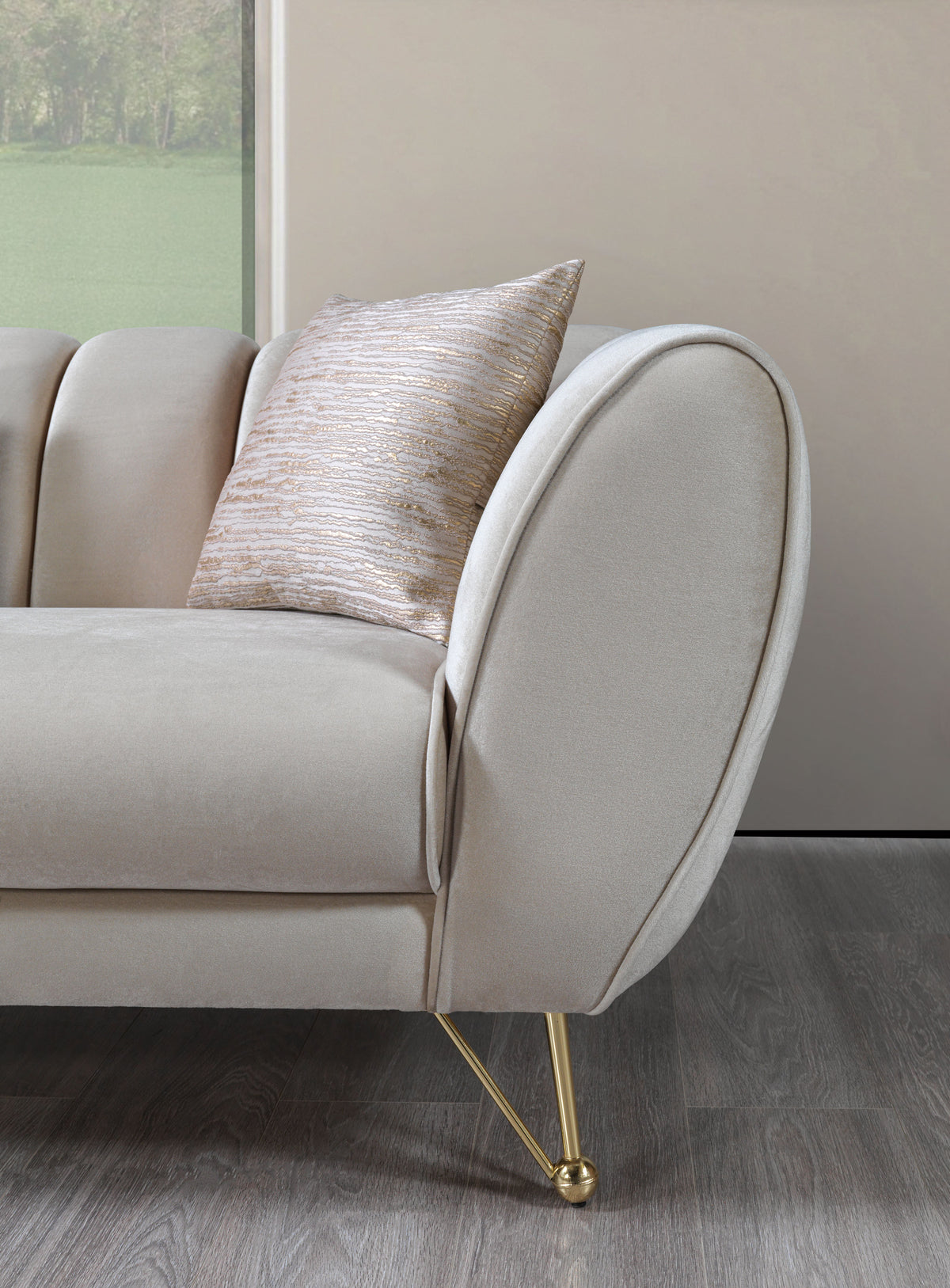 Full front view of sofa and loveseat
