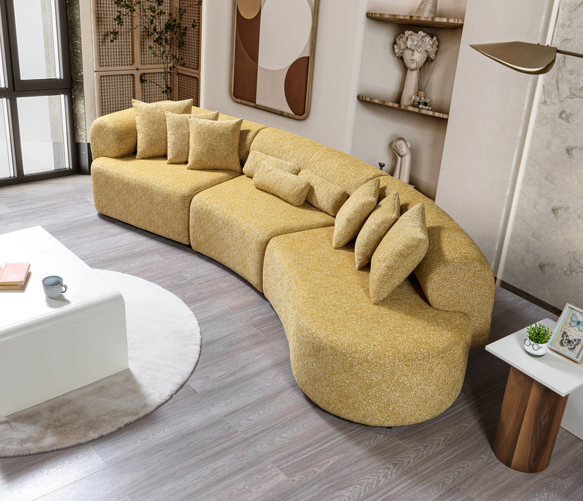 Living room view with Esmeralda Mustard Boucle 3-Piece Curved Sectional