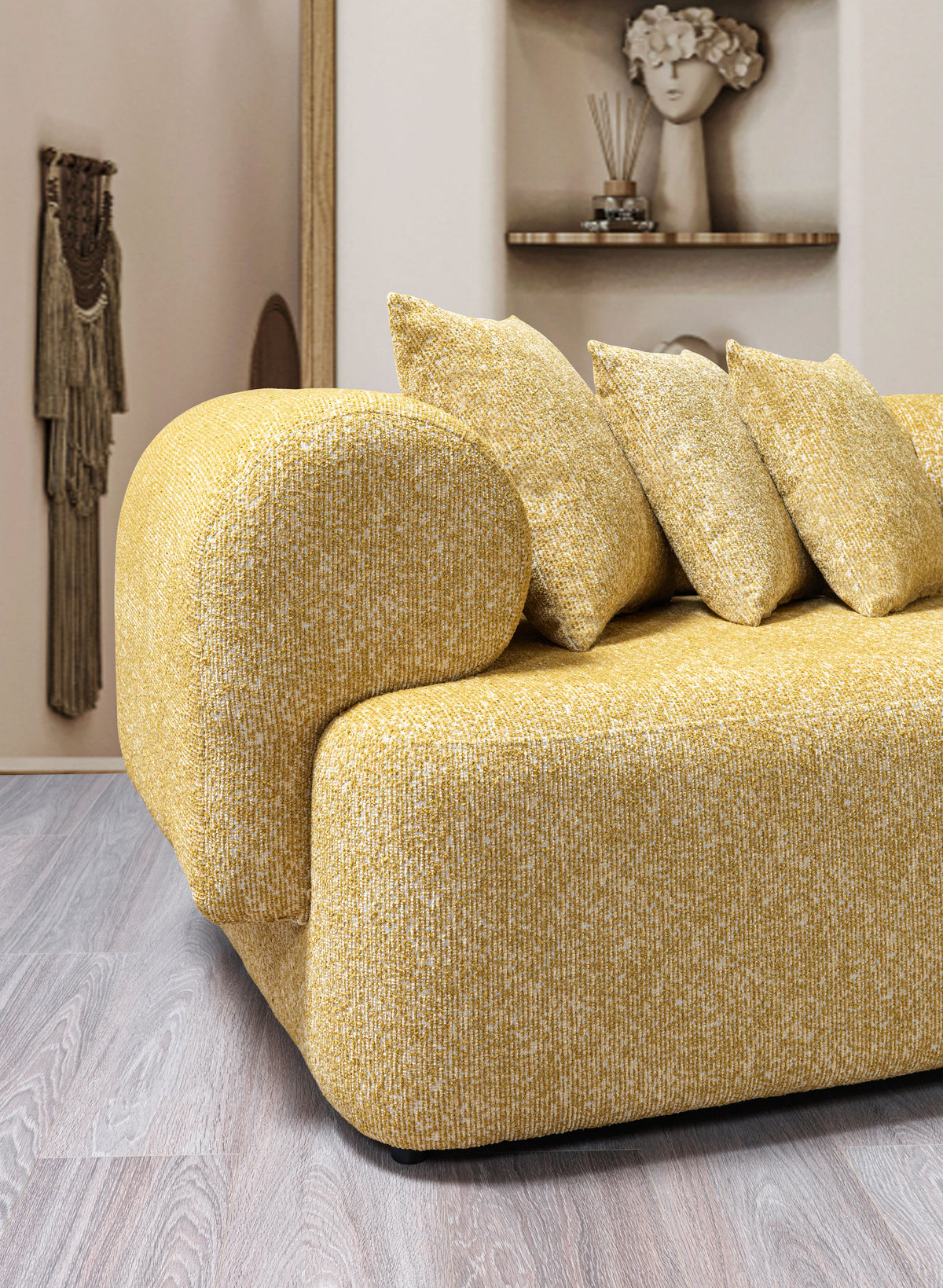 Side angle of Esmeralda Mustard Boucle 3-Piece sectional