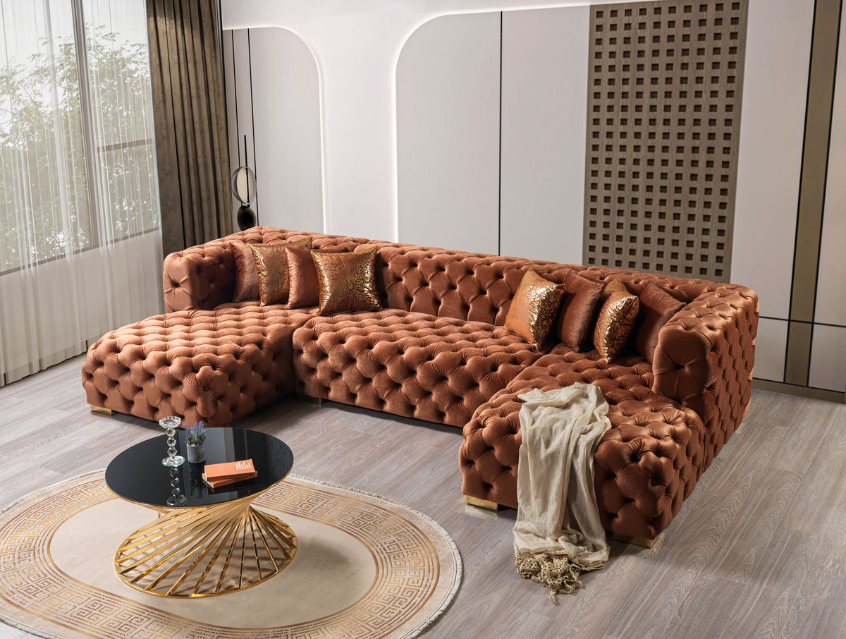 Seva Orange Velvet Double Chaise 138" Sectional Sofa velvet upholstery detail