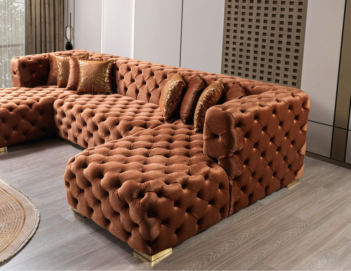 Seva Orange Velvet Double Chaise 138" Sectional Sofa side angle