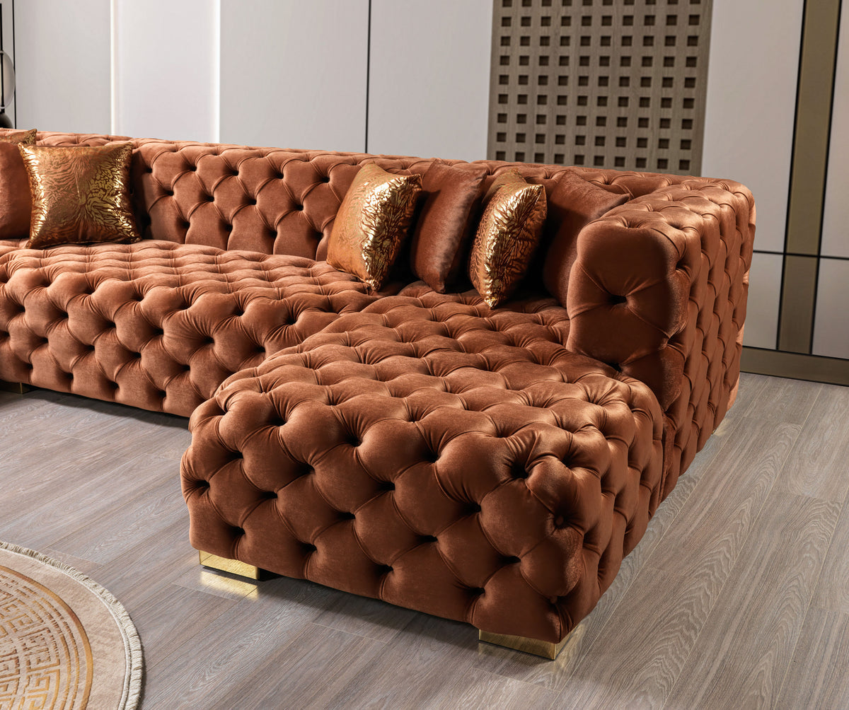 Seva Orange Velvet Double Chaise sectional velvet texture close-up