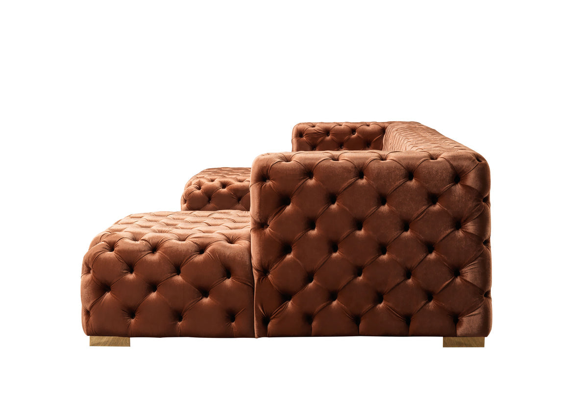 Seva Orange Velvet Double Chaise sectional fabric and frame detail