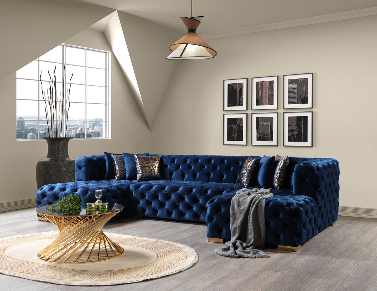 Seva Blue Velvet Double Chaise 138" sectional sofa side view