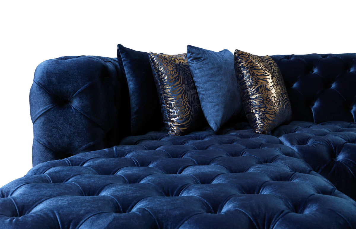 Seva Blue Velvet Double Chaise 138" sectional sofa living room angle