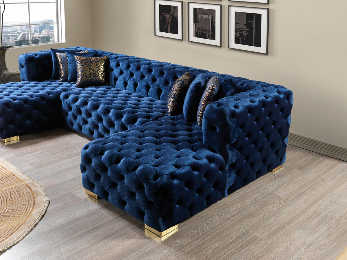 Seva Blue Velvet Double Chaise 138" sectional sofa room setting