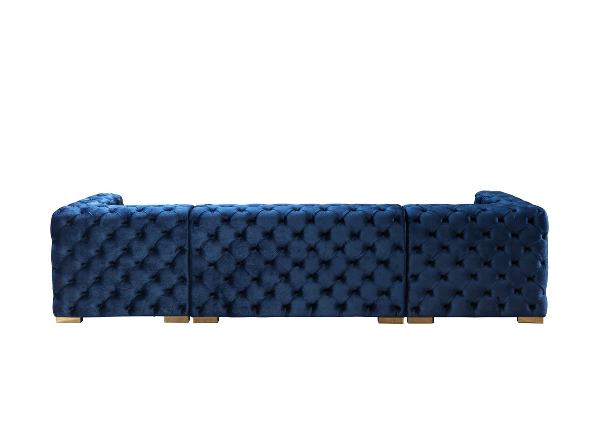 Seva Blue Velvet Double Chaise 138" sectional sofa close armrest view