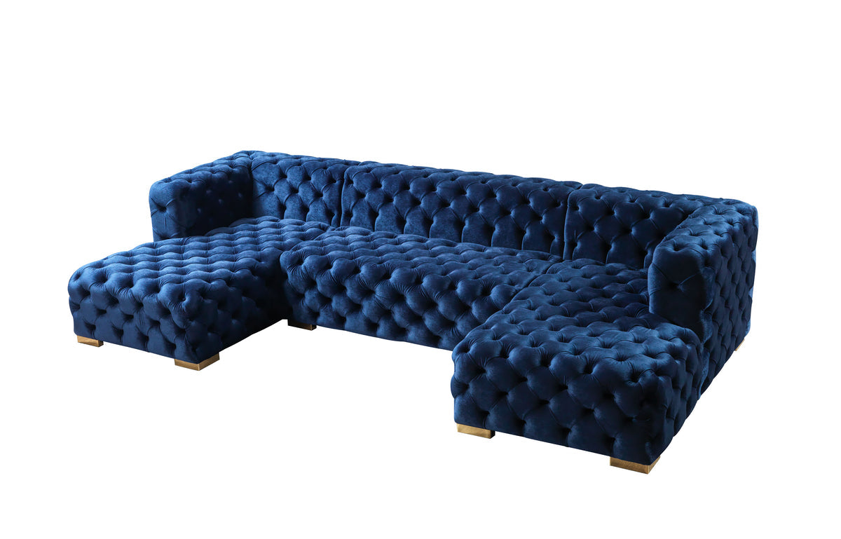 Seva Blue Velvet Double Chaise 138" sectional sofa detailed stitching