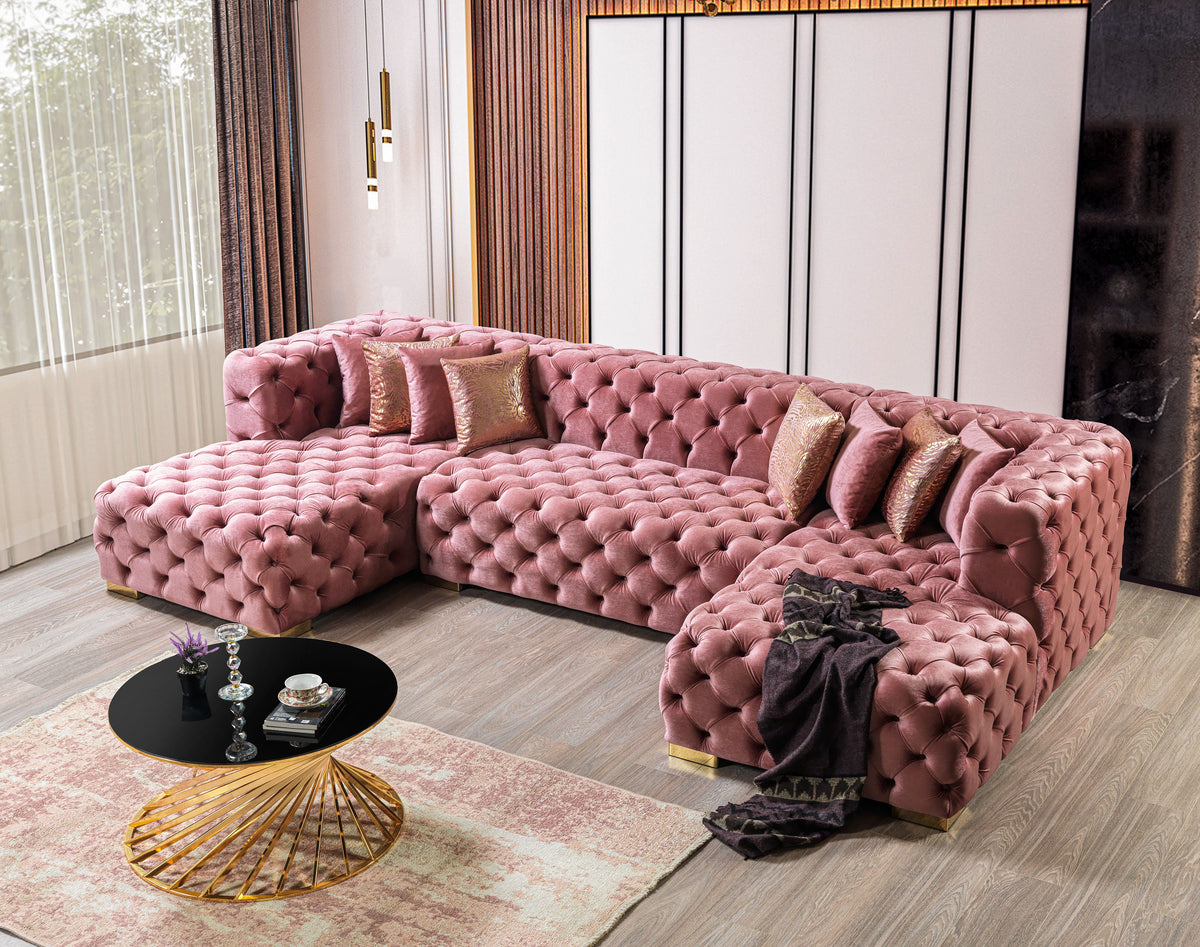 Seva Pink Velvet Double Chaise 138" Sectional sofa close-up velvet detail