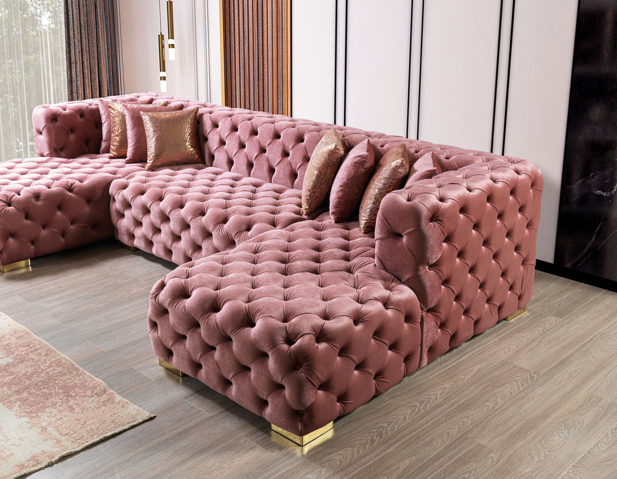 Seva Pink Velvet Double Chaise 138" Sectional sofa side angle