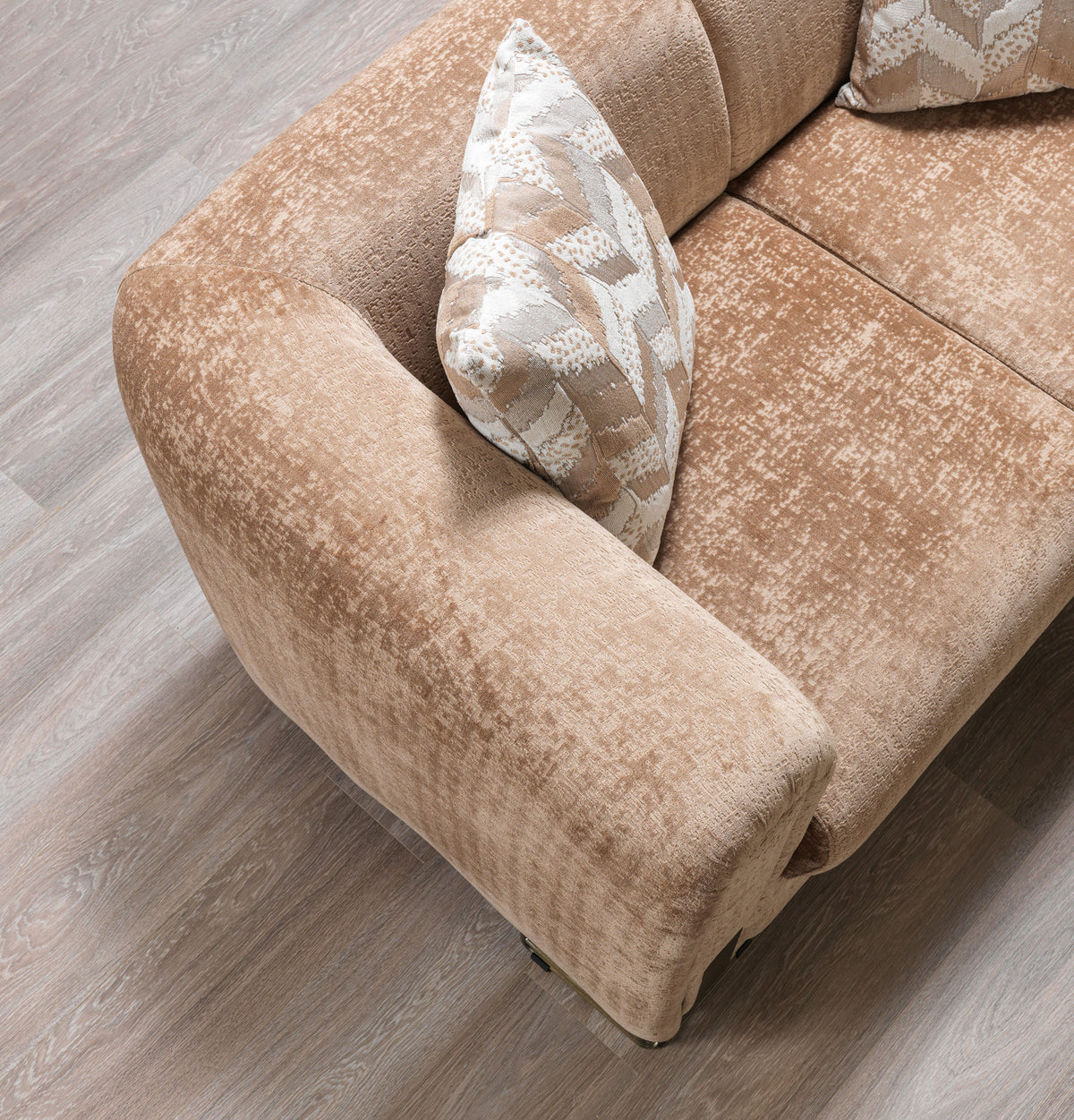 Detail of seam and materials on Ameena Coffee Boucle Sofa