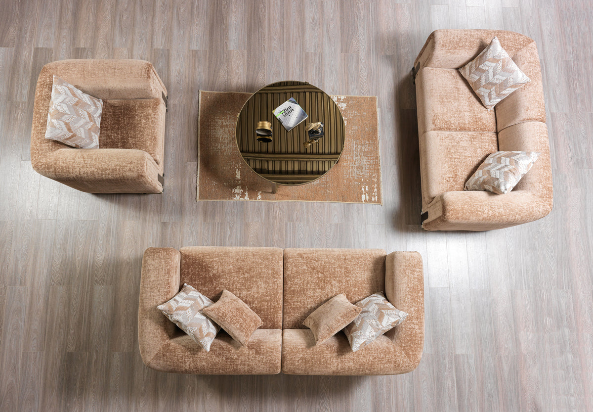 Close-up of coffee boucle fabric on Ameena Chair
