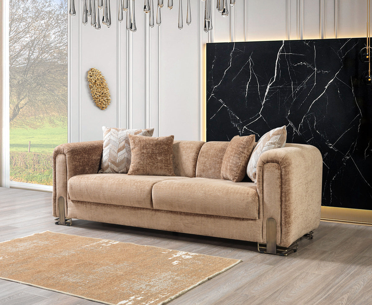 Lifestyle setup with Ameena Coffee Boucle Sofa and Loveseat