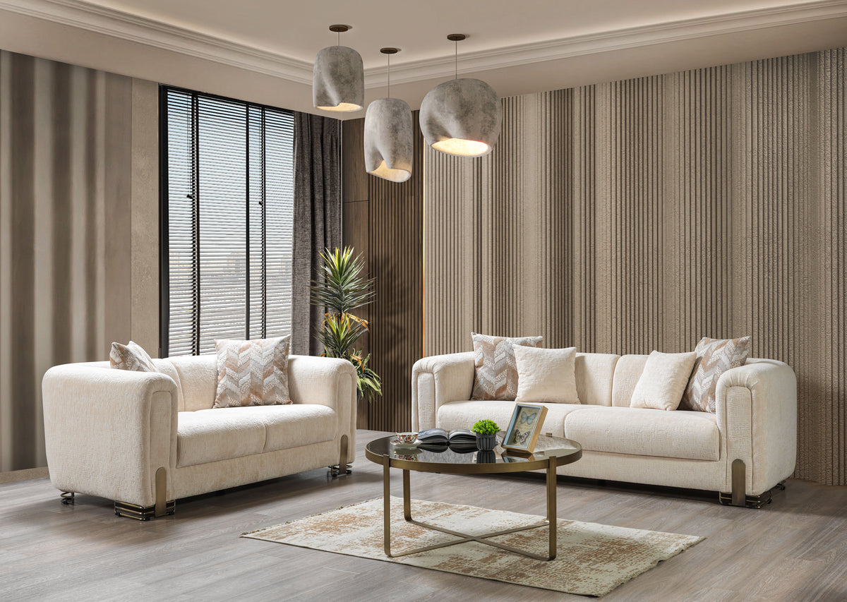 Side view of Ameena Ivory Boucle Sofa 93" and Loveseat 71" set