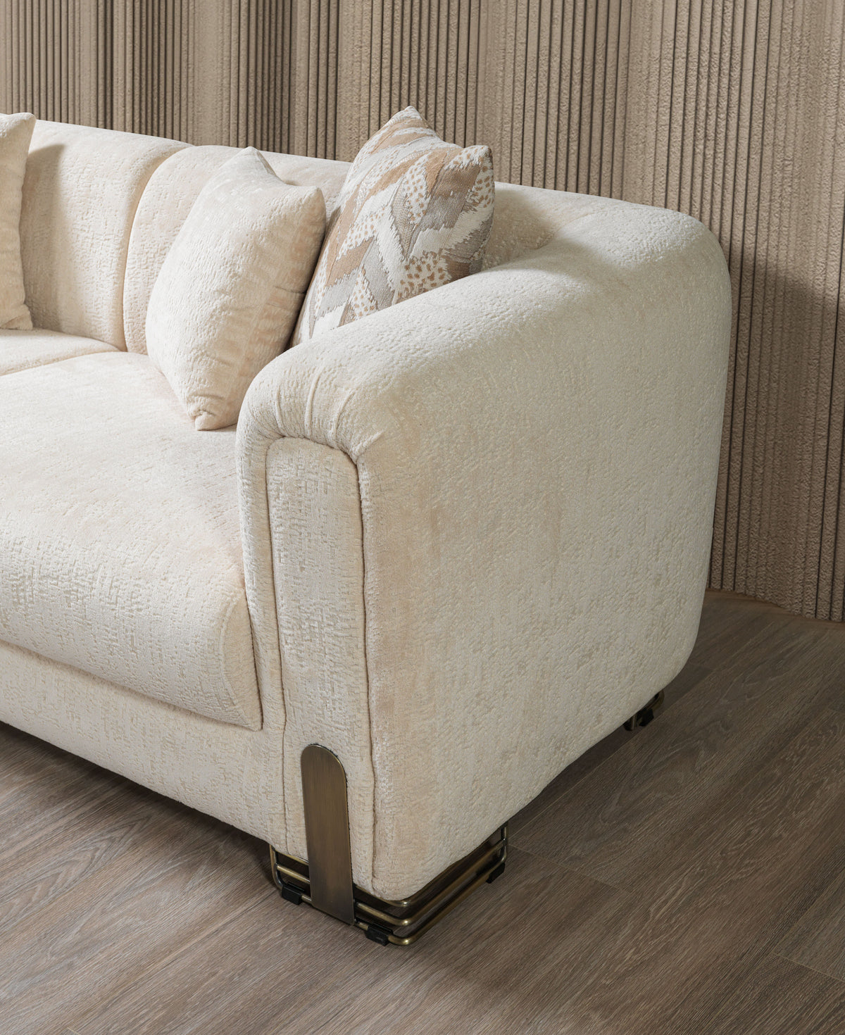 Side perspective of Ameena Ivory Boucle Sofa and Loveseat