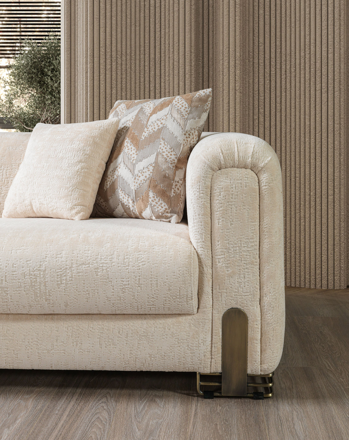 Side angle of ivory boucle sofa and loveseat
