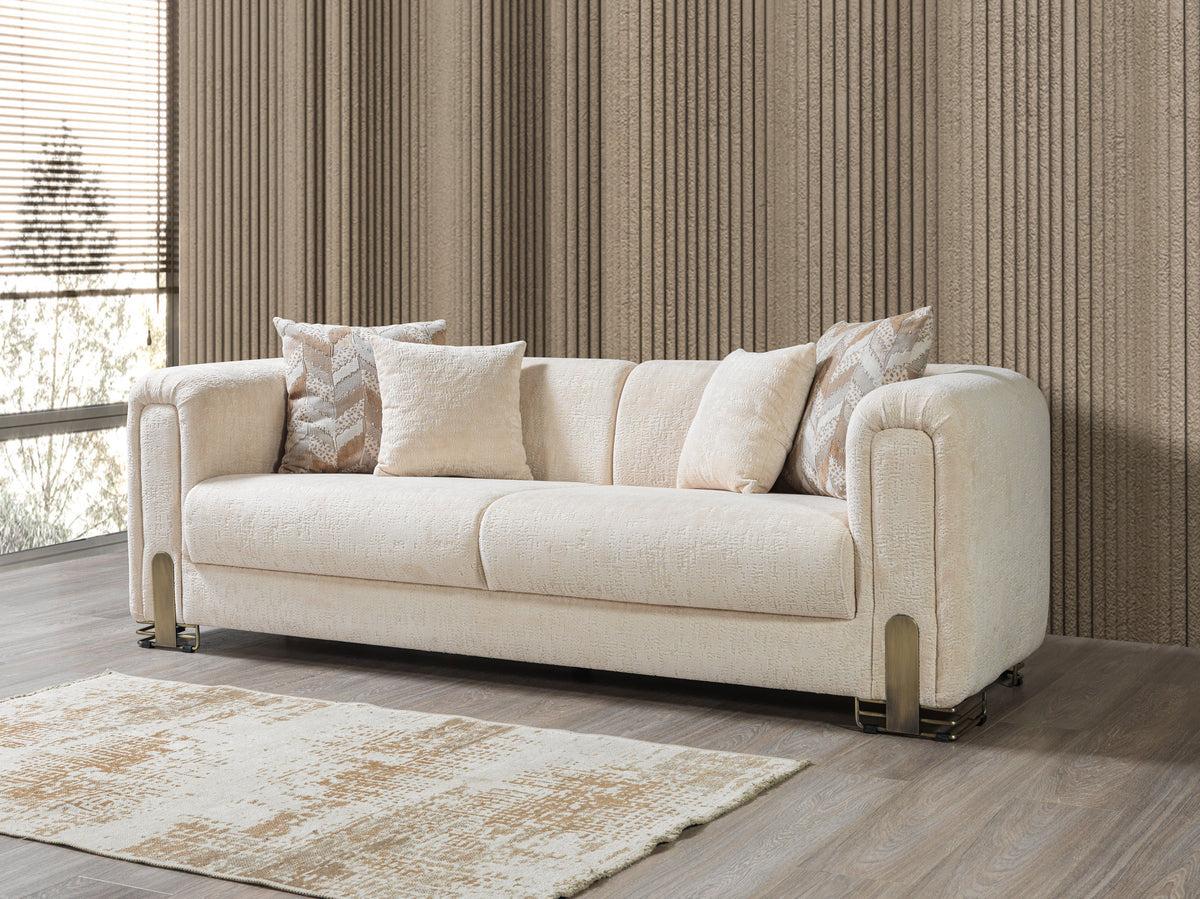 Full front view of Ameena Ivory Boucle Sofa and Loveseat