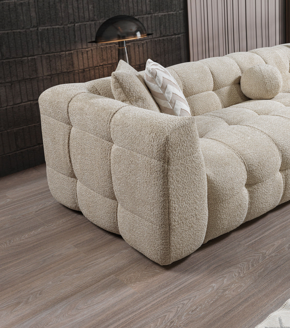Lili Sand Boucle RAF sectional sofa room view