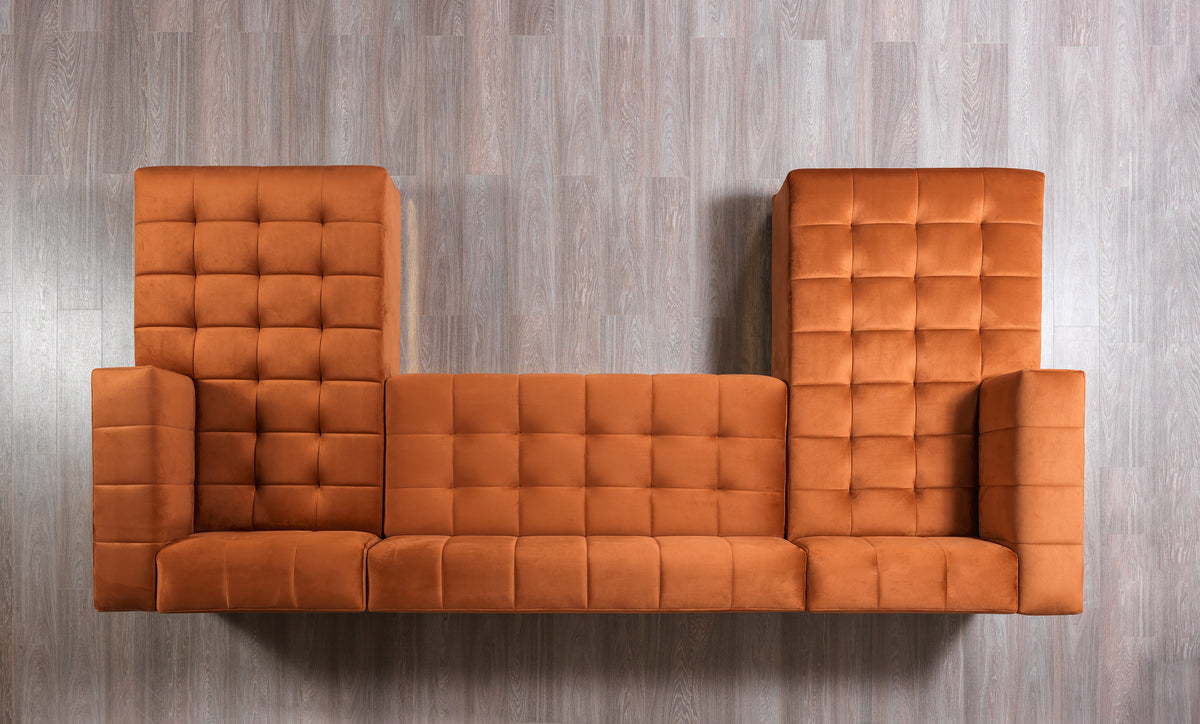 Close-up armrest detail of Amelia Orange Velvet Double Chaise 140" Sectional Sofa