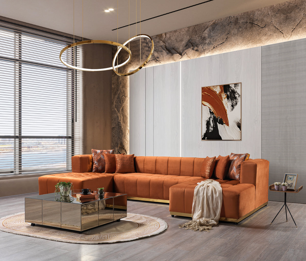 Amelia Orange Velvet Double Chaise 140" Sectional Sofa side view