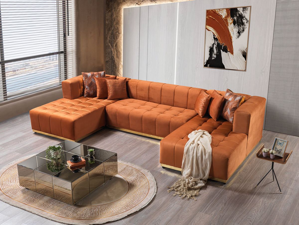 Close-up detail of Amelia Orange Velvet Double Chaise 140" Sectional Sofa upholstery