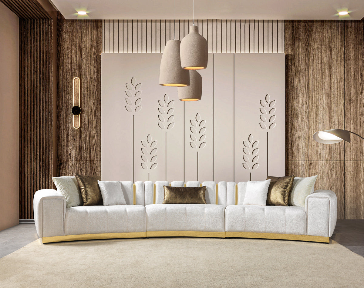 Living room setting with Anne Ivory Velvet 3-Piece Curved 165" Sectional Sofa