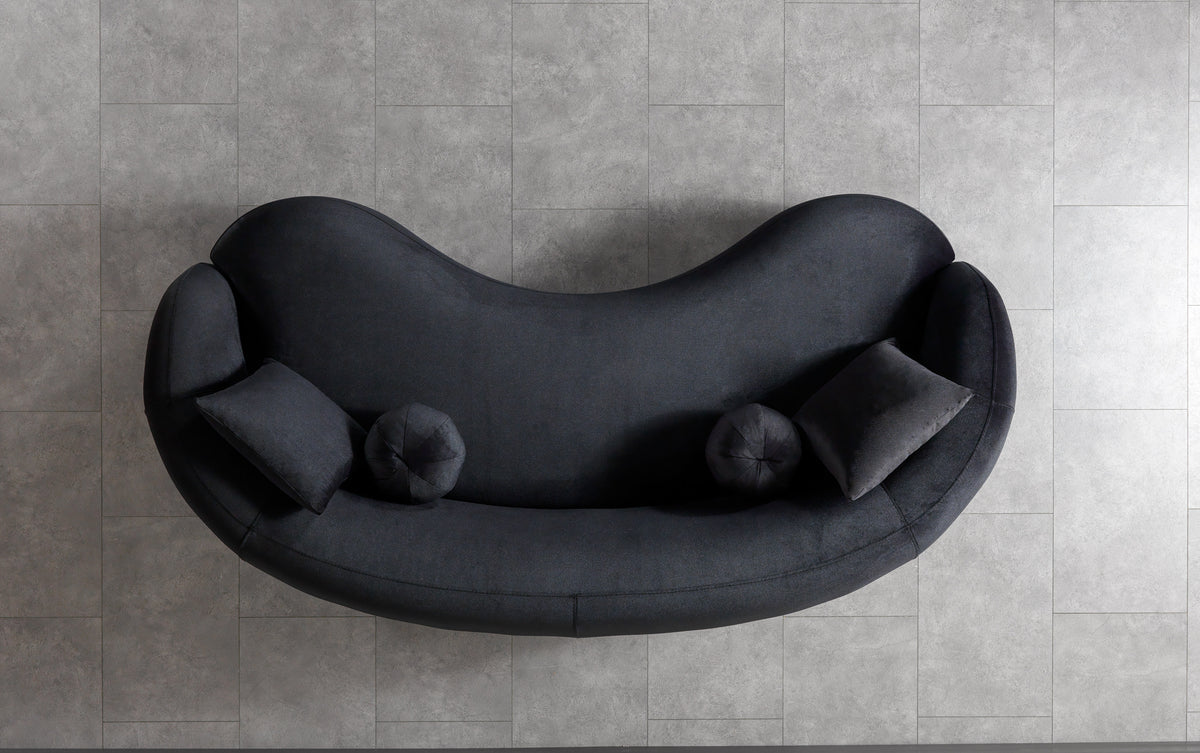 Front angle showing full length of Emily velvet sofa