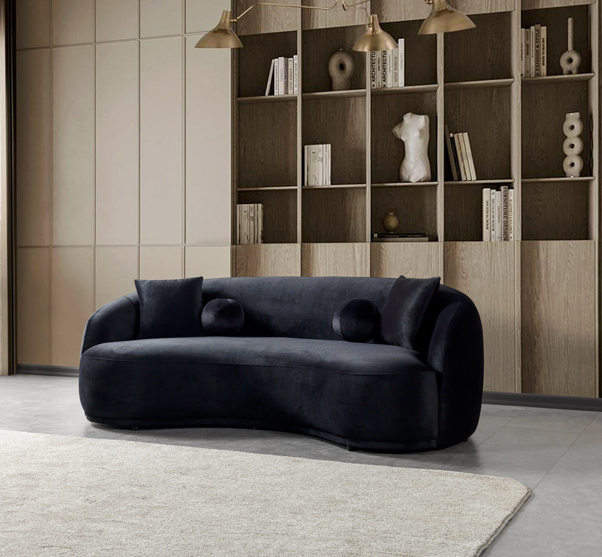 Side view of Emily black velvet sofa 91 inch