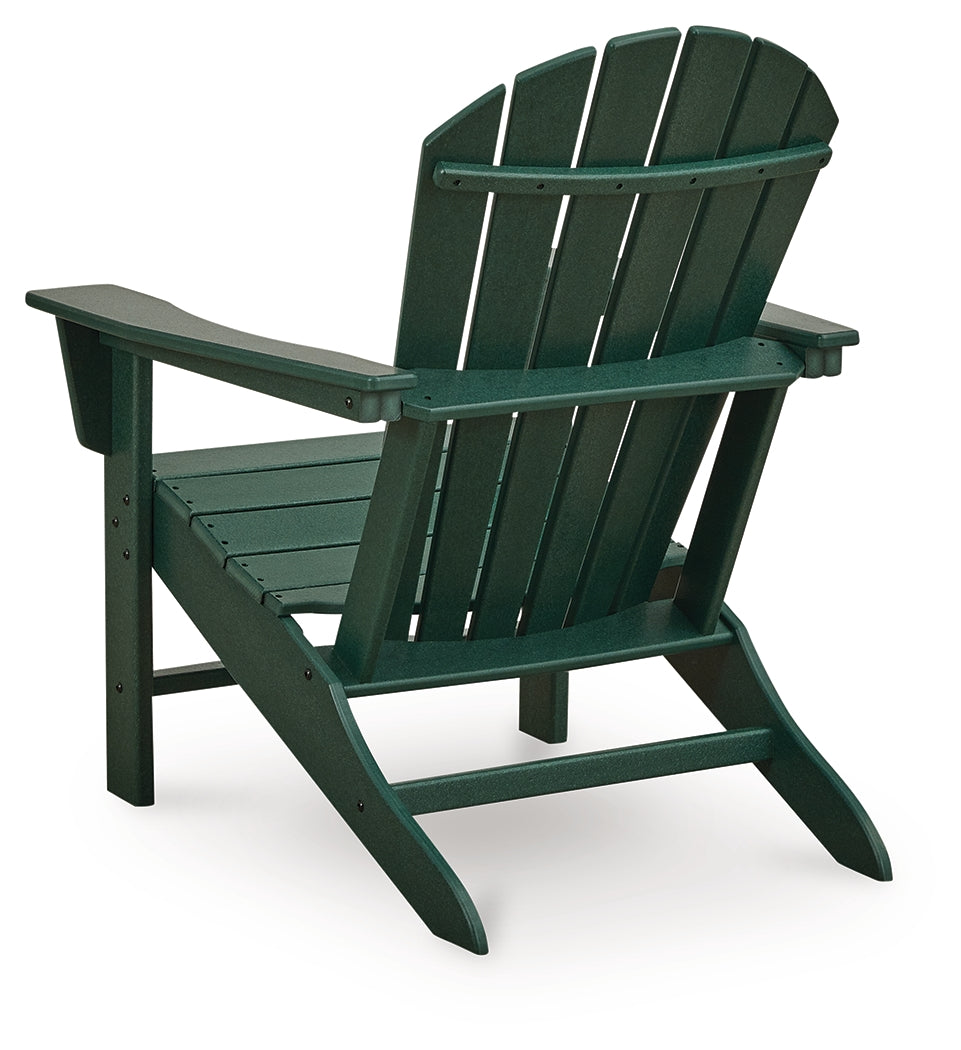 Set of 2 green Adirondack chairs with end table front angle