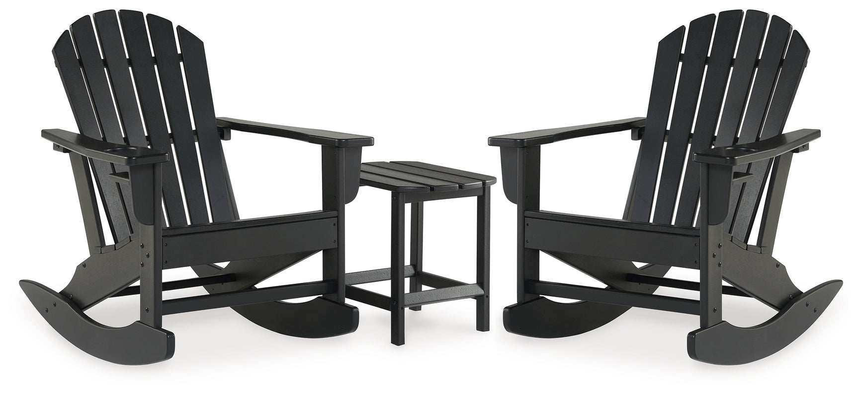 Side angle of one black Adirondack rocking chair in the Sundown Black Treasure set