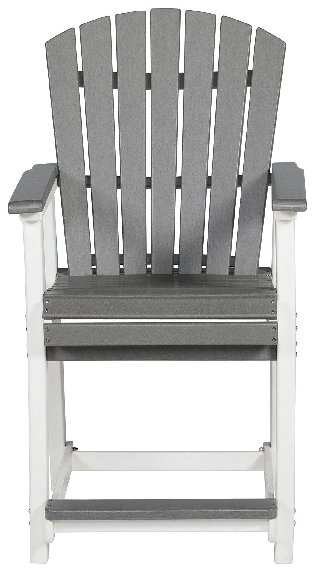 Detailed side view of Transville outdoor bar stool in gray and white