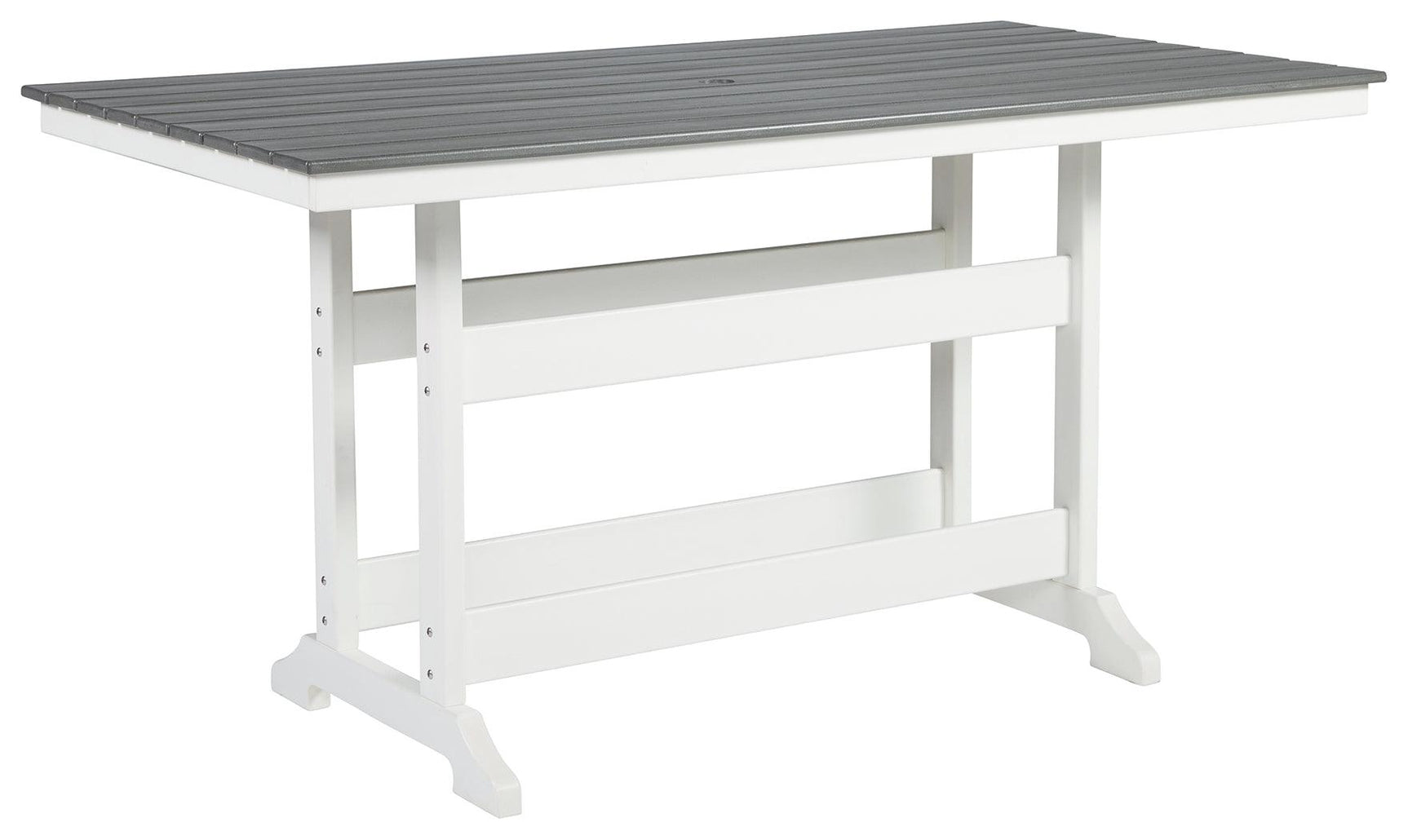 Transville outdoor counter height dining table side angle showing trestle base