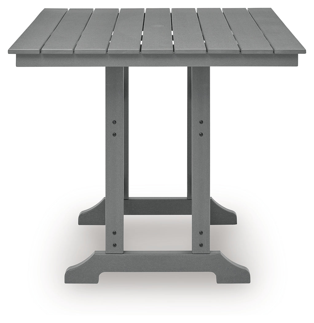 Side view of Sanctuary Beach Outdoor Counter Height Dining Table showing slatted design