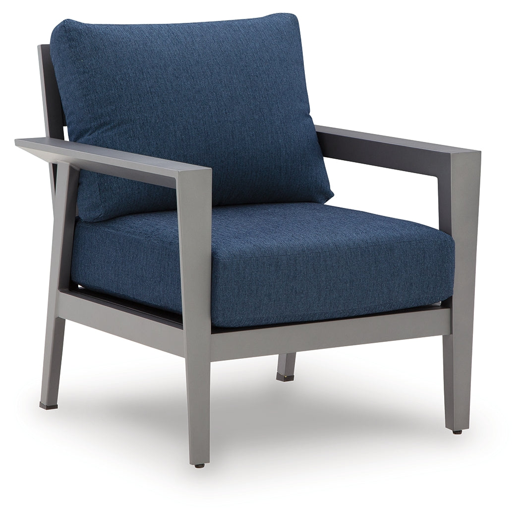 Close up of aluminum frame and cushion fabric