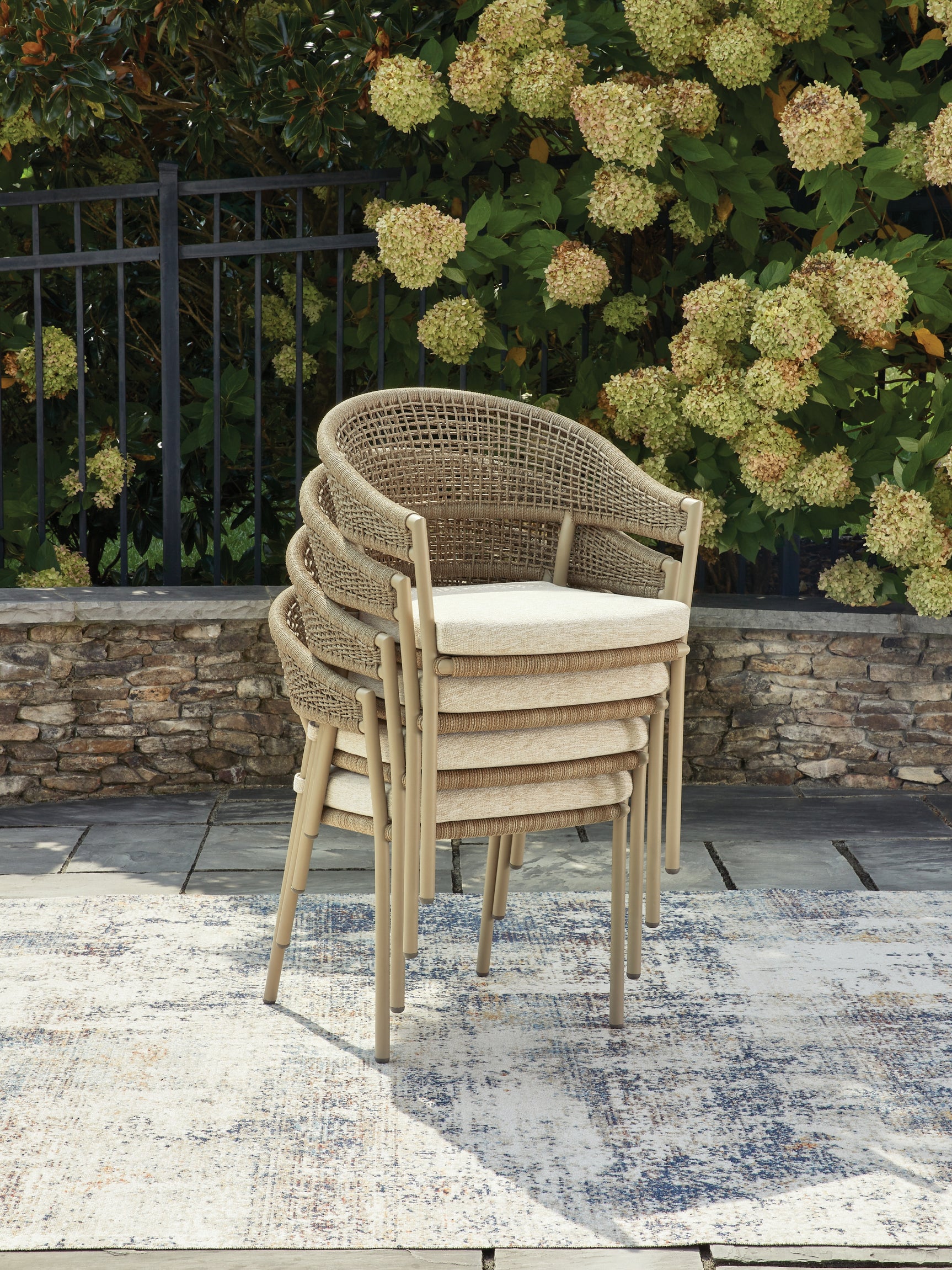 Back detail of Orchard Beach beige outdoor arm chair