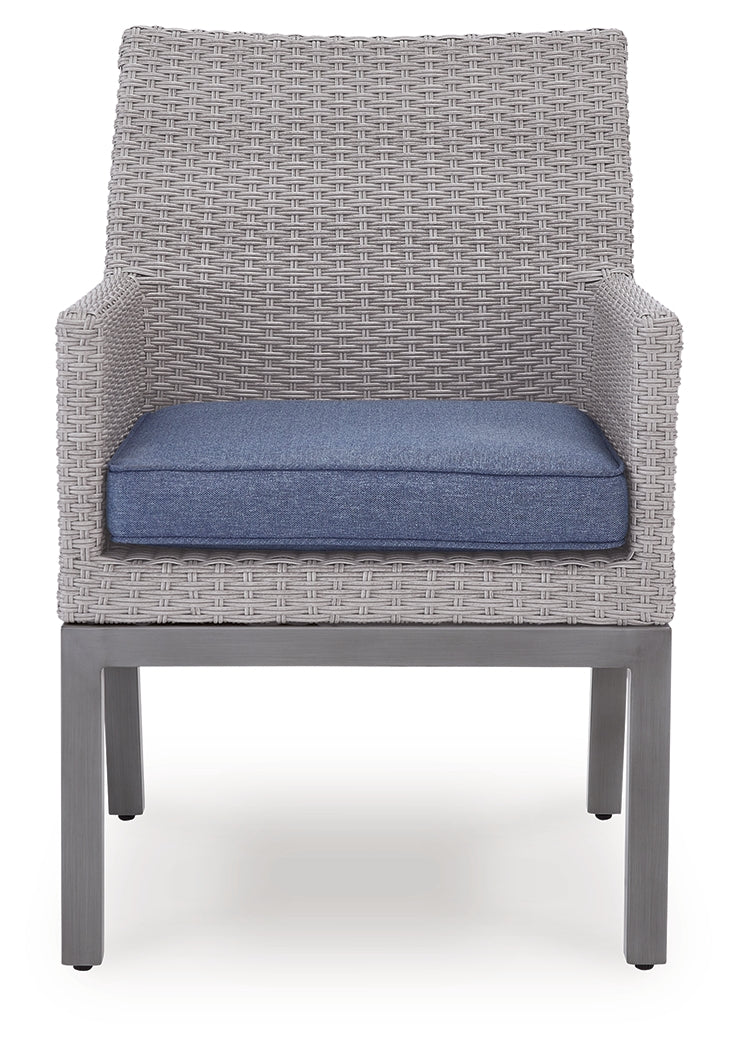 Side angle of outdoor dining chair with cushion